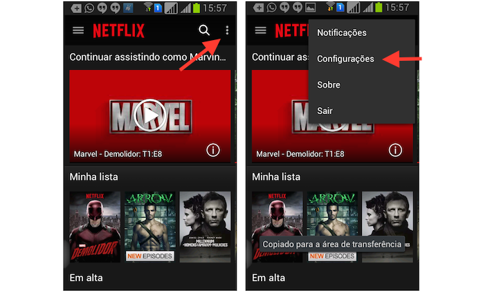 Acessando a opção Configurações do Netflix no Android (Foto: Reprodução/Marvin Costa)