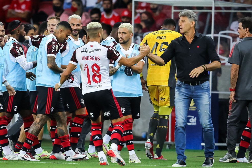 Renato Gaúcho cumprimenta Andreas após segundo gol do Flamengo contra o Internacional — Foto: Pedro H. Tesch/AGIF
