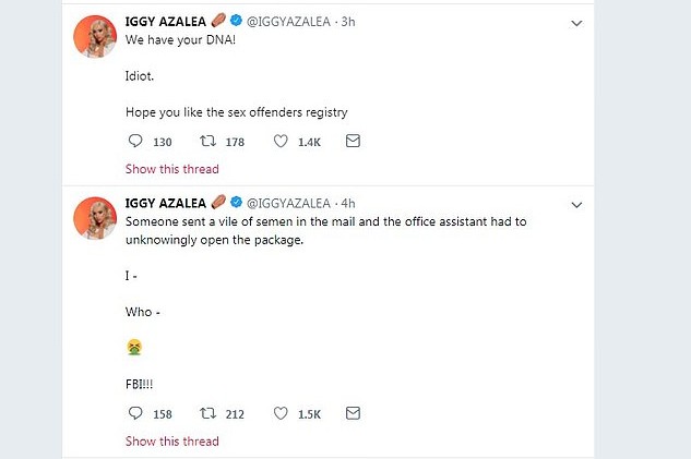 Os tuítes de Iggy Azalea revelando ter recebido um frasco com esperma na casa dela (Foto: Twitter)