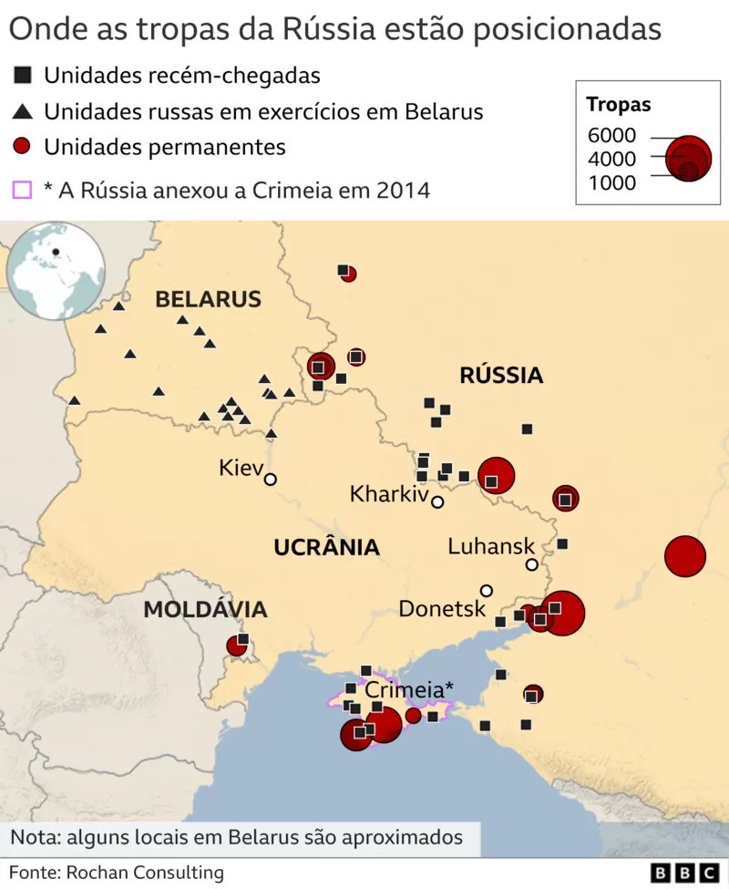 Onde as tropas da Rússia estão posicionadas (Foto: BBC)