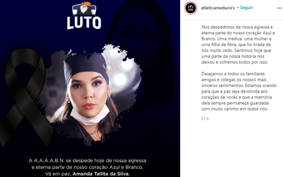 Atlética de medicina da UniRv homenageia médica Amanda Tallita que morreu de Covid, em Goiânia — Foto: Reprodução/Instagram