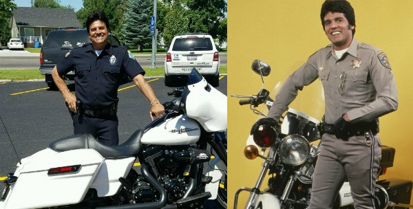 O ator Erick Estrada como policial e na série 'Chips' (Foto: Twitter/Reprodução)