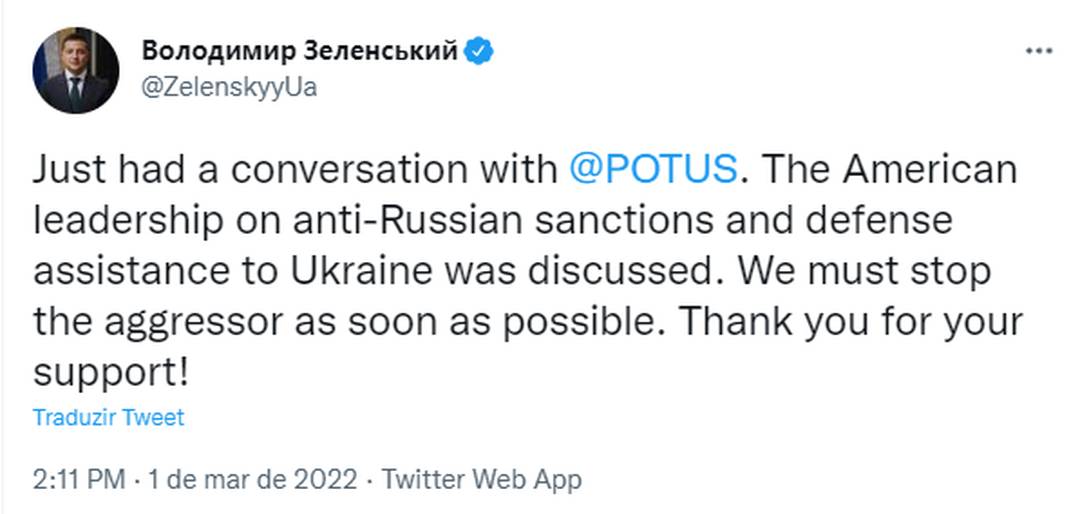 Post de Volodymyr Zelenskiy, presidente da Ucrânia, sobre conversa com Joe Biden