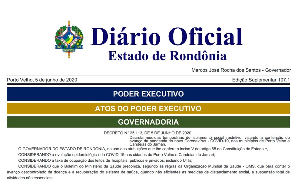 Governo publica decreto de isolamento social restritivo em Porto Velho e Candeias do Jamari.  — Foto: Divulgação/Diário Oficial