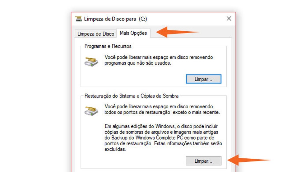 Clique em "Limpar" para deletar os pontos de restauração recentes do Windows (Foto: Reprodução/Tais Carvalho)