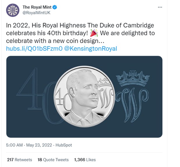 Moeda comemorativa de Príncipe William (Foto: Reprodução/Twitter)