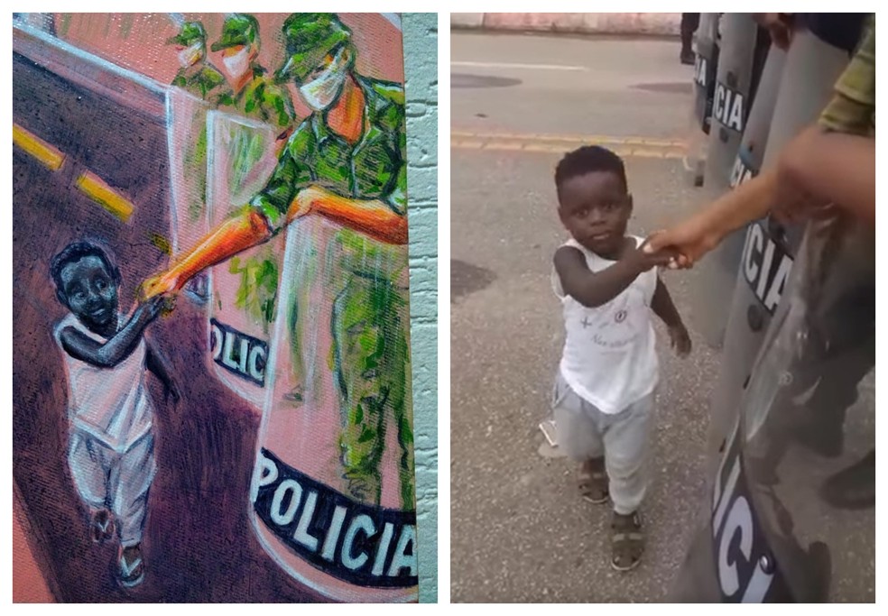 Menino haitiano cumprimentando policiais na fronteira também marcou crise migratória no Acre em fevereiro  — Foto: Arquivo pessoal e reprodução 