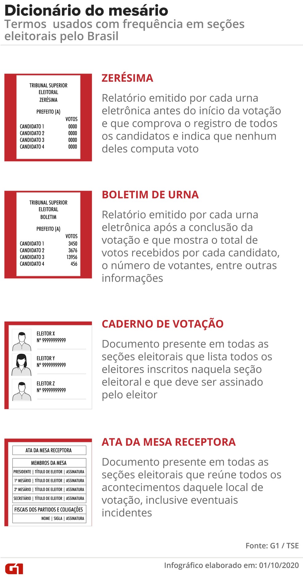 Dicionário do mesário: termos usados com frequência em seções eleitorais pelo Brasil — Foto: Fernanda Garrafiel / G1