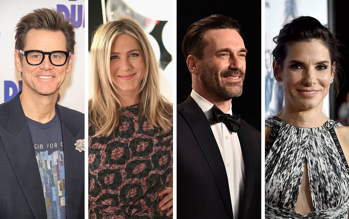 Jim Carrey, Jennifer Aniston, Jon Hamm e Sandra Bullock já tiveram empregos bem diferentes dos de hoje (Foto: Getty Images)