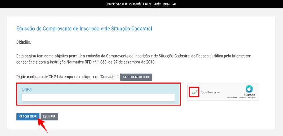 É possível pesquisar situação de um CNPJ pelo site da Receita Federal — Foto: Reprodução/Rodrigo Fernandes