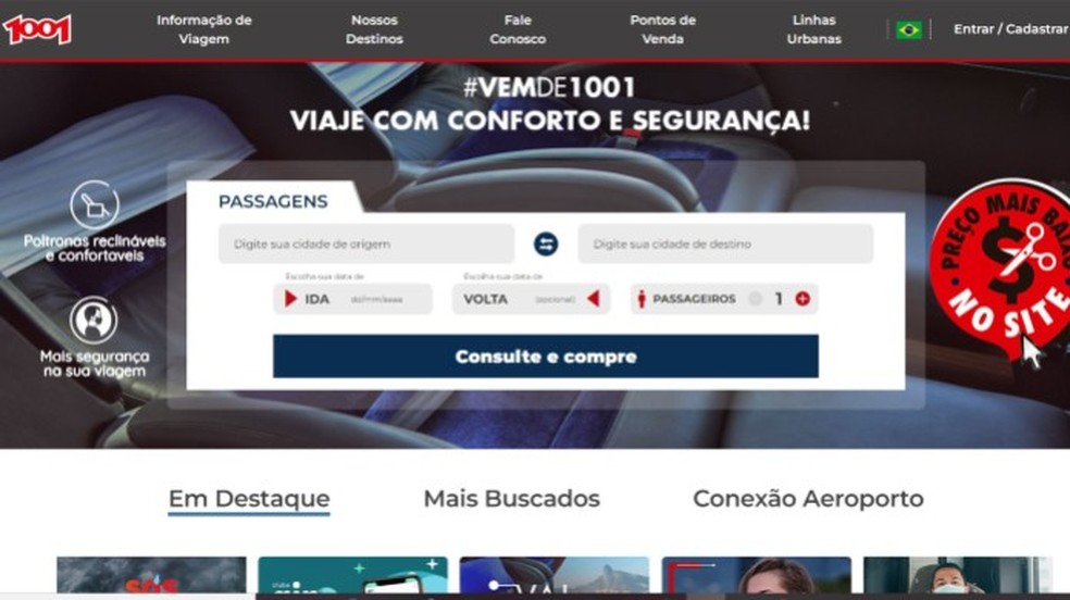 AutoViação1001 é um site que vende passagens de ônibus para as regiões Sudeste e Sul do Brasil — Foto: Reprodução/Thaisi Carvalho