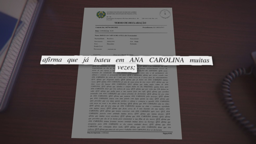 Em depoimento, Douglas de Carvalho Avellar disse que já tinha batido em Ana Carolina da Conceição de Azevedo 'muitas vezes' — Foto: Reprodução/ TV Globo