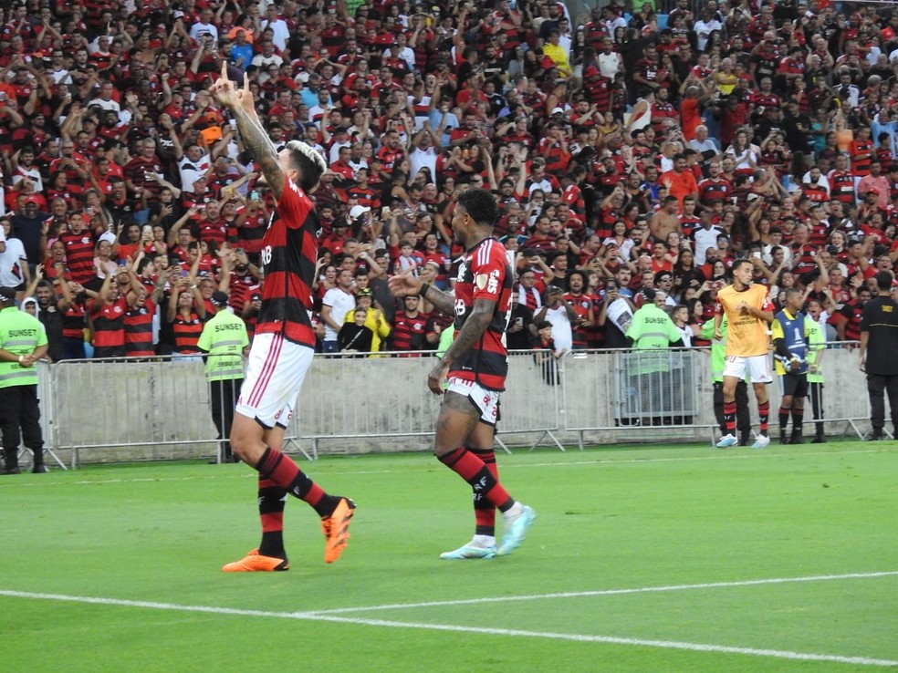 Pedro e Marinho comemoram gol contra o Ñublense — Foto: Fred Gomes