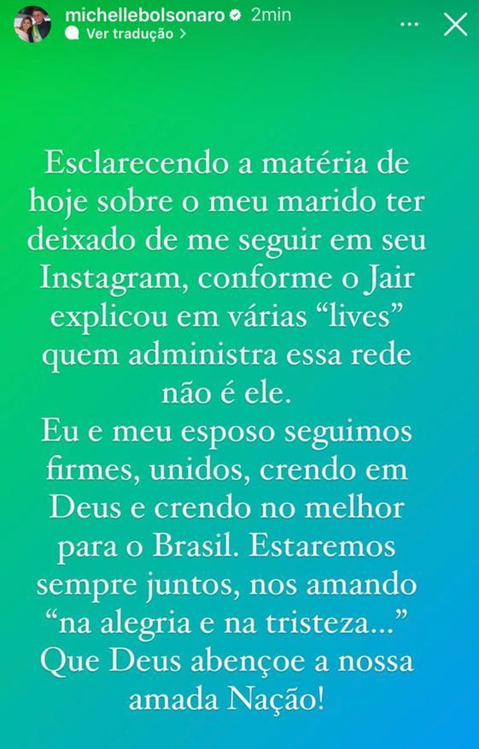 Michelle faz postagem após repercussão nas redes sobre ausência de Bolsonaro na lista de seguidores — Foto: Reprodução/Instagram Michelle Bolsonaro