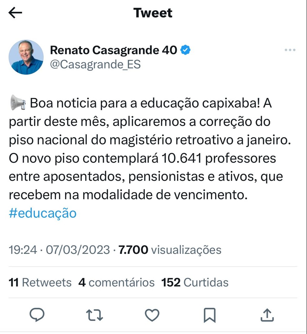 Governador Renato Casagrande anuncia reajuste para os professores — Foto: Reprodução/Redes sociais