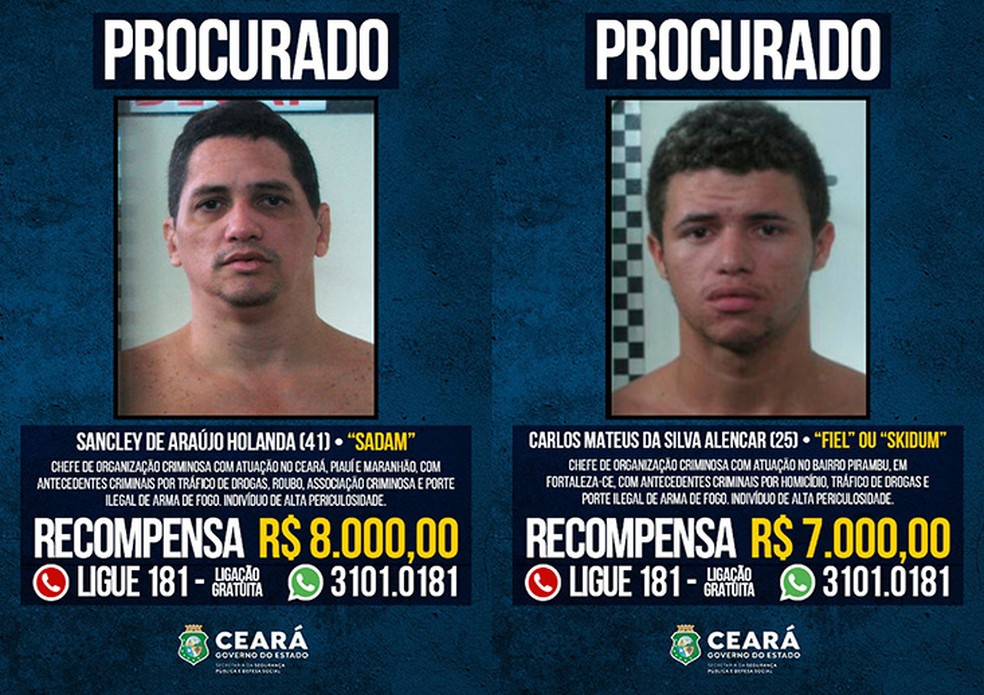 Recompensa por procurados pela polícia no Ceará chega a valores como R$ 8 mil. — Foto: SSPDS/Reprodução