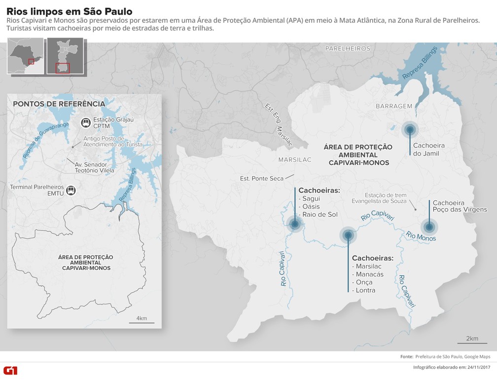 Mapas mostram localização dos rios Capivari e Monos, os dois únicos limpos e próprios para banho na cidade de São Paulo (Foto: Alexandre Mauro/G1)