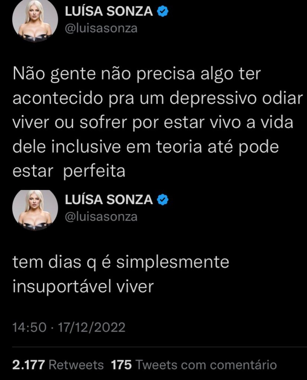 Desabafos de Luísa Sonza no Twitter — Foto: Reprodução/ Twitter