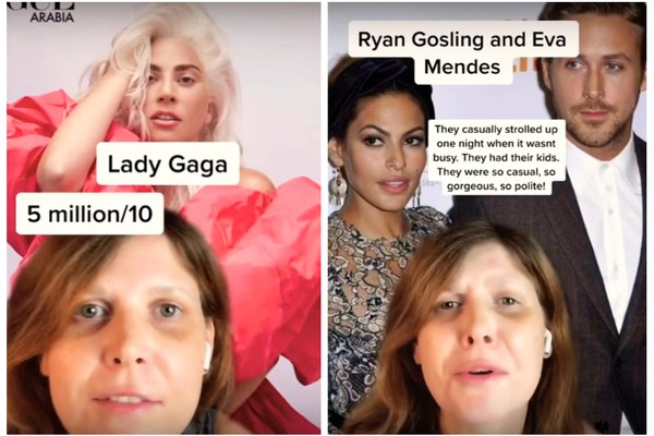 A ex-garçonete Annie Bond em seus vídeos elogiando Lady Gaga, Eva Mendes e Ryan Gosling (Foto: TikTok)
