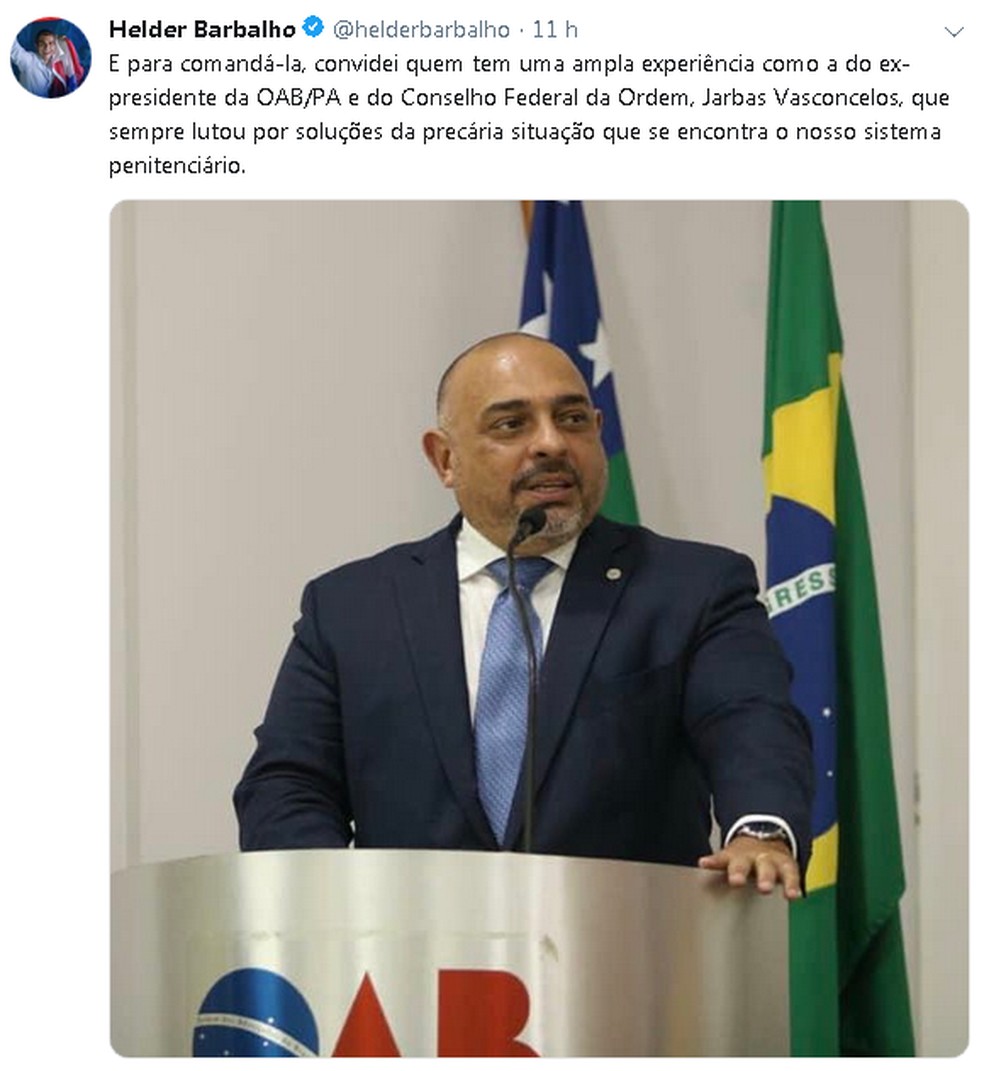 Jarbas Vasconcelos assume o Sistema Penitenciário do Pará no Governo Helder. — Foto: Reprodução / Twitter / Helder Barbalho