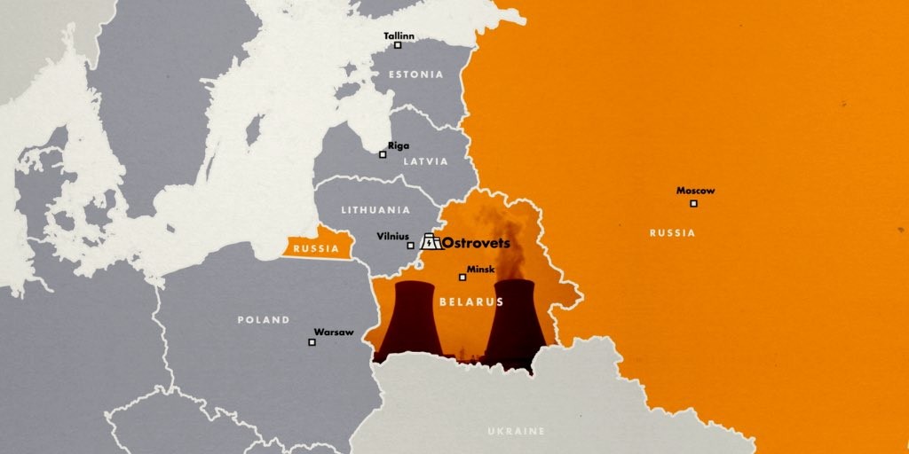 Mapa que mostra a localização da usina nuclear na Bielorrússia, próxima à fronteira com a Lituânia (Foto: Reprodução/Twitter)