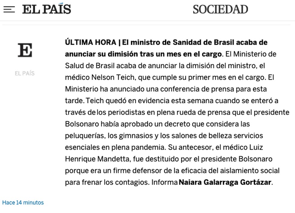 El País (Espanha): O ministro da Saúde do Brasil acaba de anunciar sua demissão após um mês no cargo — Foto: Reprodução/El País