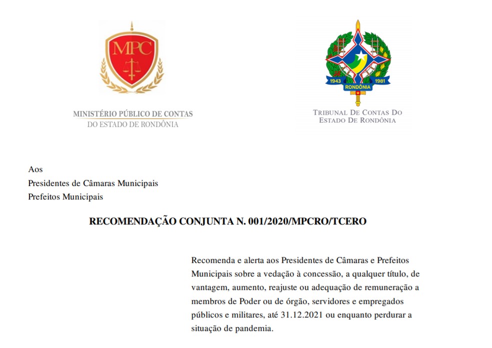 Recomendação Conjunta do Ministério Público de Contas de Rondônia (MPC-RO) e Tribunal de Contas do Estado (TCE-RO) — Foto: Reprodução