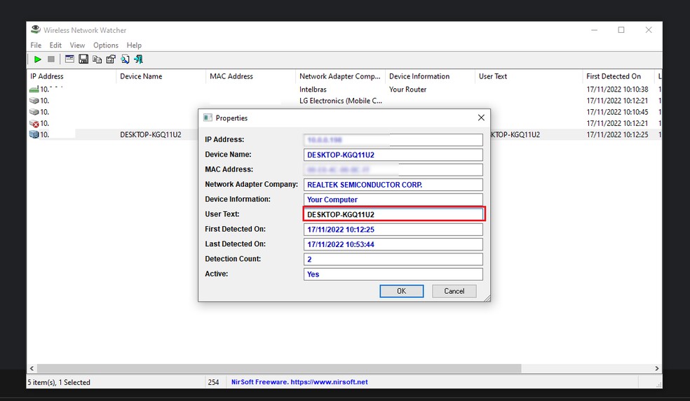 Wireless Network Watcher permite que a anotação em "User  Text" seja substituída — Foto: Reprodução/Gabriel Pereira