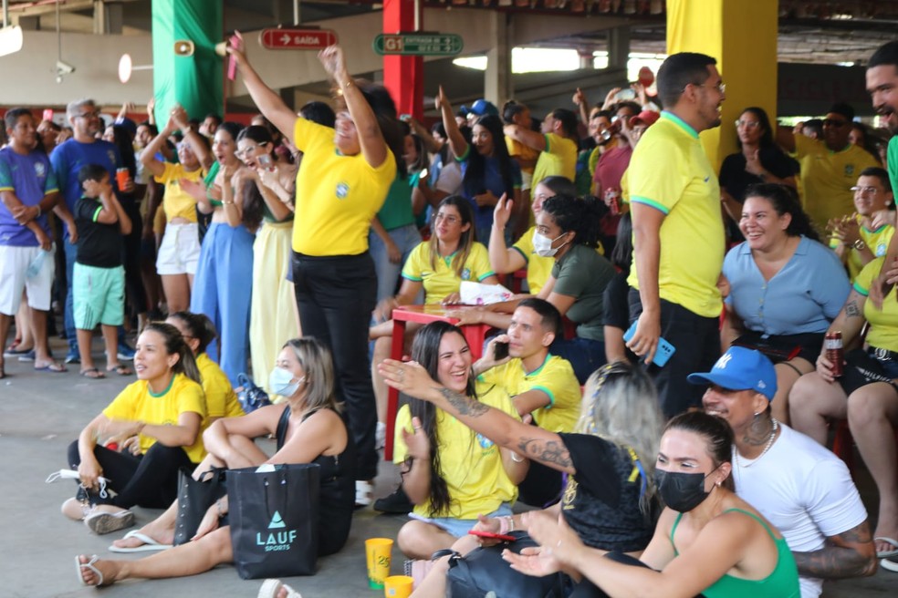 Torcedores comemoram gols no jogo da Copa entre Brasil e Coréia no Catar  — Foto: Lívia Ferreira/ g1 PI