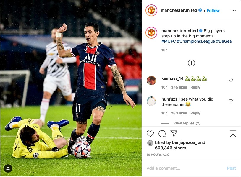 O post na conta do Manchester United no Instagram com a provocação ao argentino Ángel Di María (Foto: Instagram)