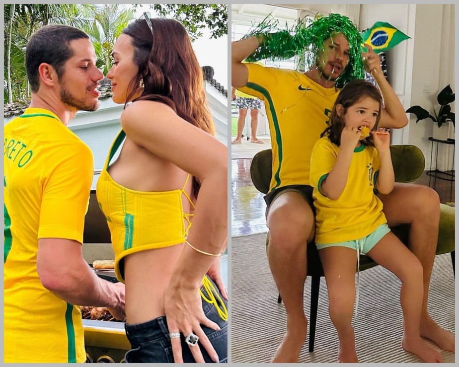 José Loreto celebra gols do Brasil contra Coreia do Sul ao lado de  Rafa Kalimann e filha