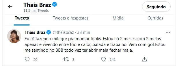 Post de Thaís Braz (Foto: Reprodução/Twitter)