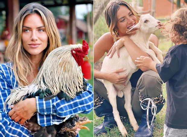 Giovanna Ewbank com o galo e a cabra do rancho da família (Foto: Instagram/ @gioewbank/ Reprodução)