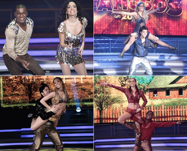 Os finalistas na primeira apresentação no baladão (acima) e na última dança antes da 1ª etapa da final, o sertanejo (abaixo) (Foto: Domingão do Faustão / TV Globo)