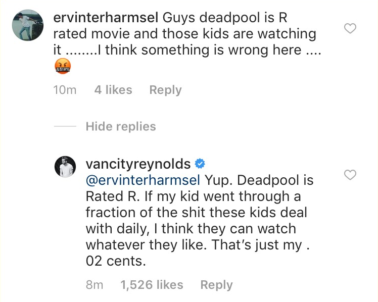 O questionamento feito por um fã em relação à presença de crianças no set de Deadpool 2 e a resposta de Ryan Reynolds (Foto: Instagram)
