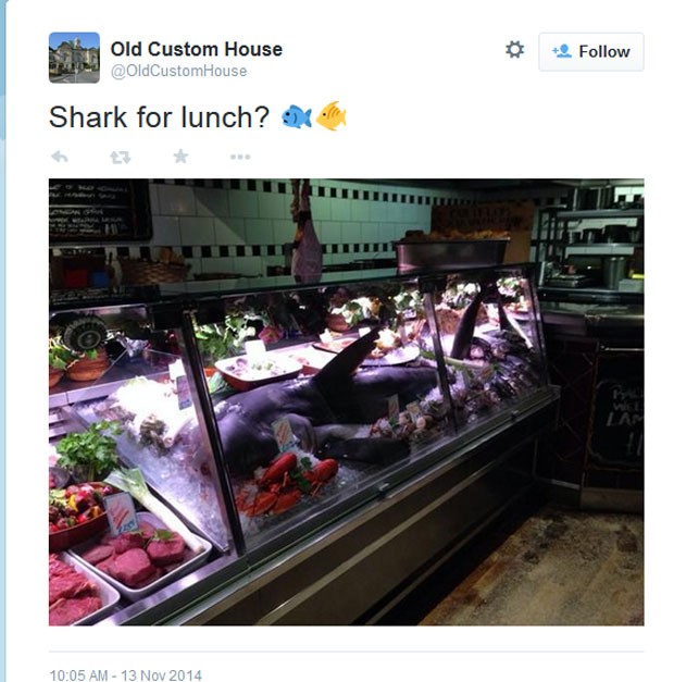Restaurante no Reino Unido serve tubarão inteiro (Foto: Reprodução/Twitter/Old Custom House)