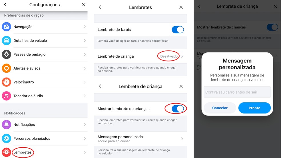 Vá nas configurações do Waze e clique em lembretes. Depois, aperte em "Lembretes de criança" e ative a notificação. — Foto: Waze / Autoesporte