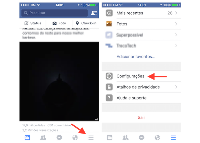 Acessando as configurações do Facebook para iPhone (Foto: Reprodução/Marvin Costa)