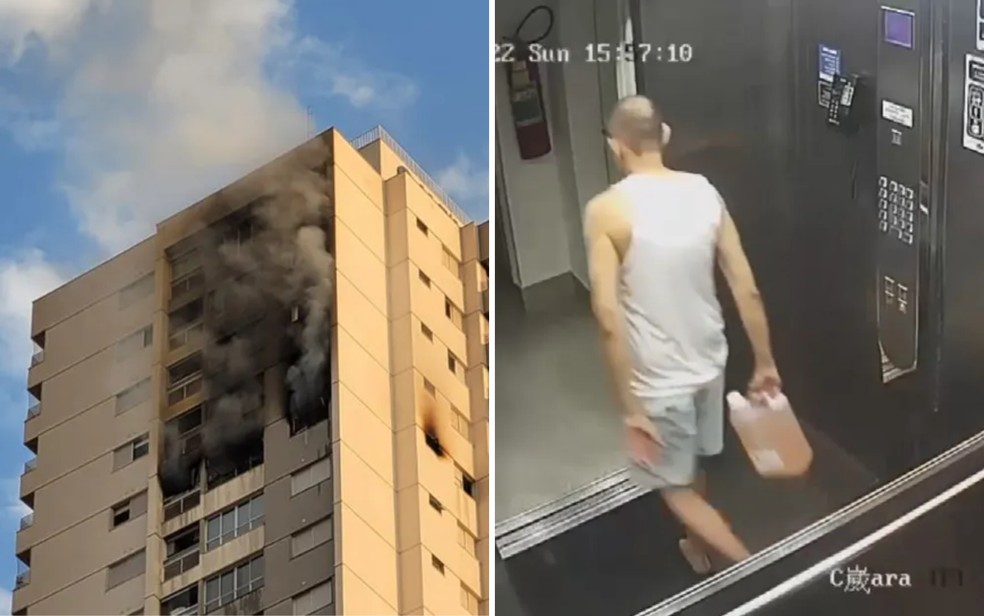 VÍDEO: Morador desaparecido é filmado entrando com combustível em prédio que pegou fogo; corpo foi achado em apartamento — Foto: Montagem/g1