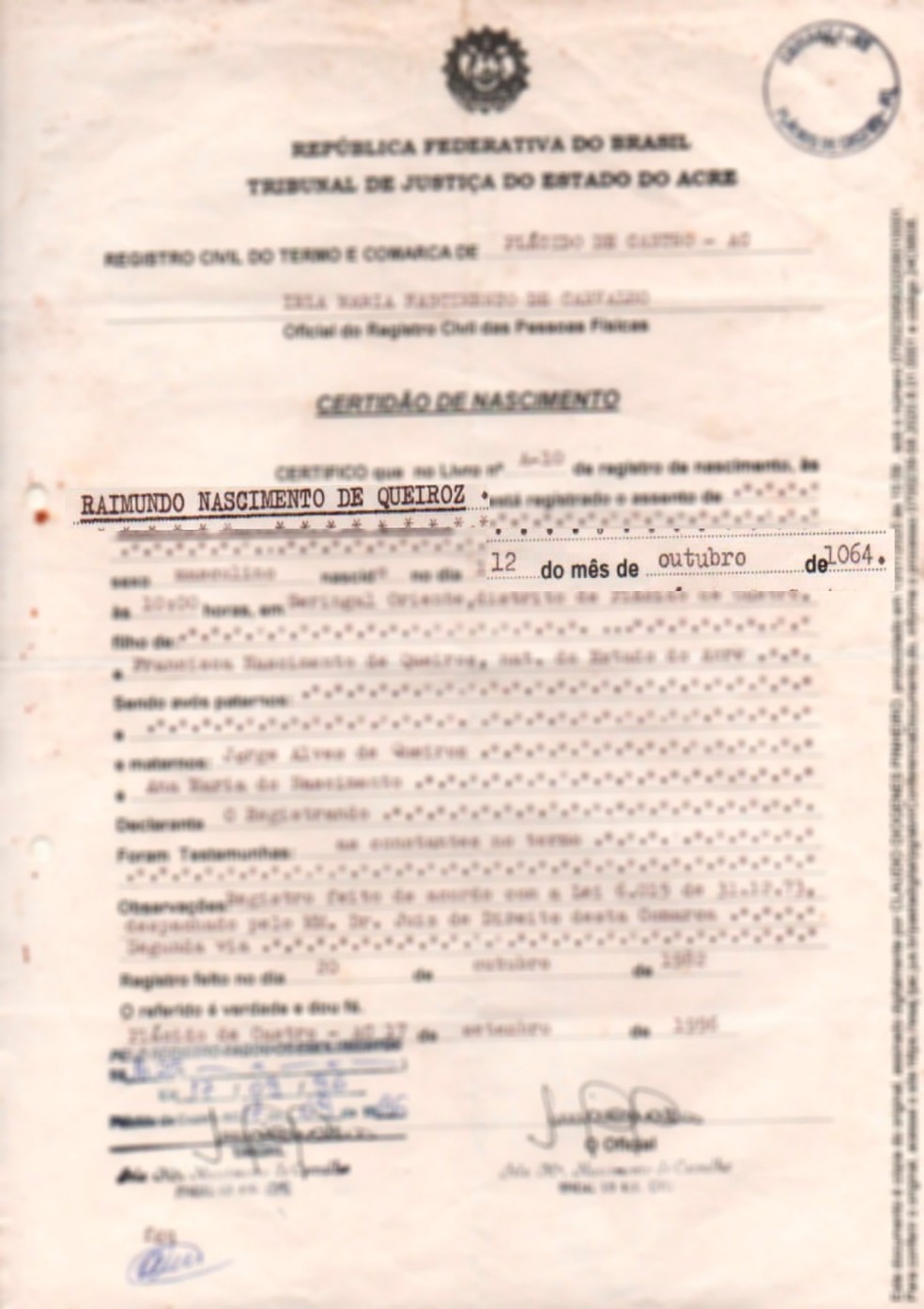 Certidão de nascimento de Raimundo de Queiroz diz que ele nasceu em 1064 — Foto: Reprodução