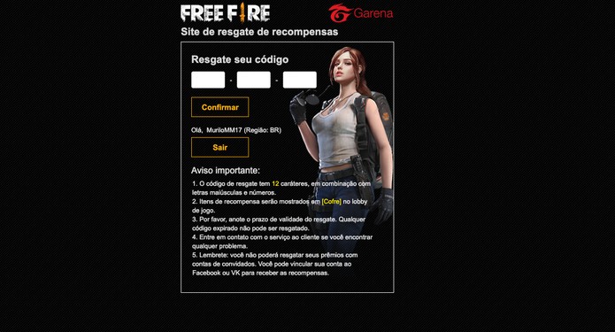 Reward free fire codigo