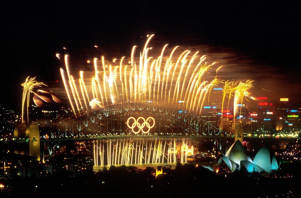 Anéis olímpicos Sydney 2000 Harbour Bridge — Foto: Getty Images