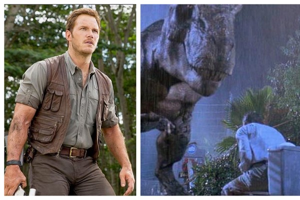 O ator Chris Pratt em cena da franquia Jurassic Park e uma das mortes mostradas no primeiro filme da série (Foto: Reprodução)