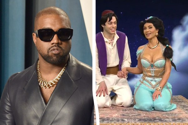 Kanye West (à esq.); Pete Davidson e Kim Kardashian no Saturday Night Live (Foto: Getty Images; reprodução)