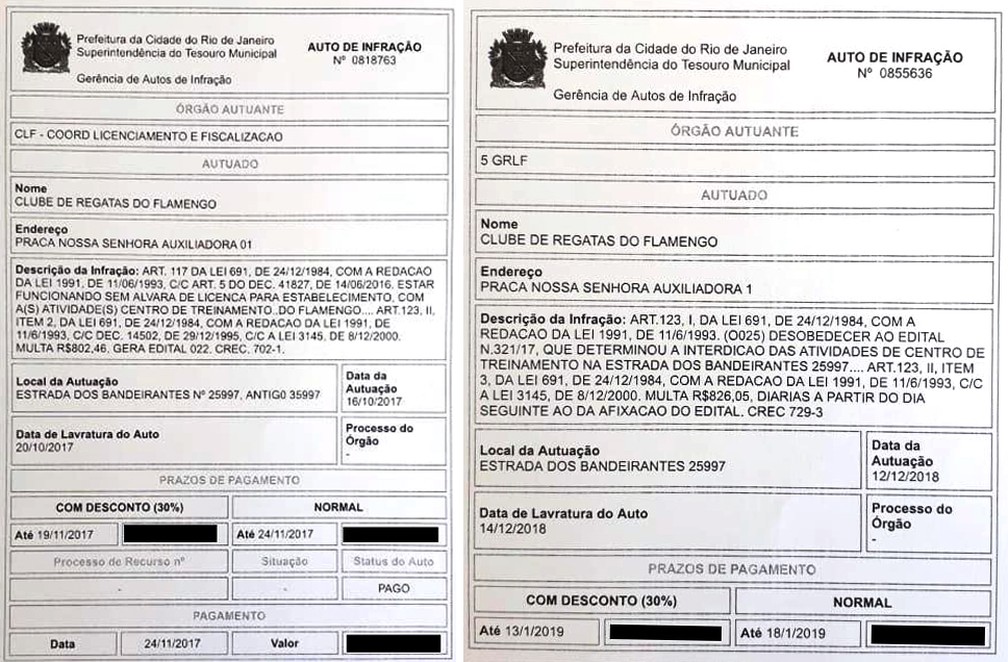 Autuações da prefeitura por falta de licença do Ninho do Urubu — Foto: Reprodução/Prefeitura do Rio