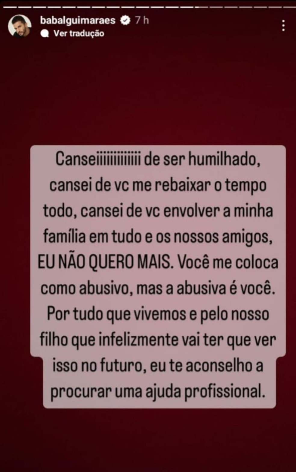 Babal Guimarães nega as acusações de Emily Garcia e acusa a esposa de ser abusiva — Foto: Reprodução/Instagram