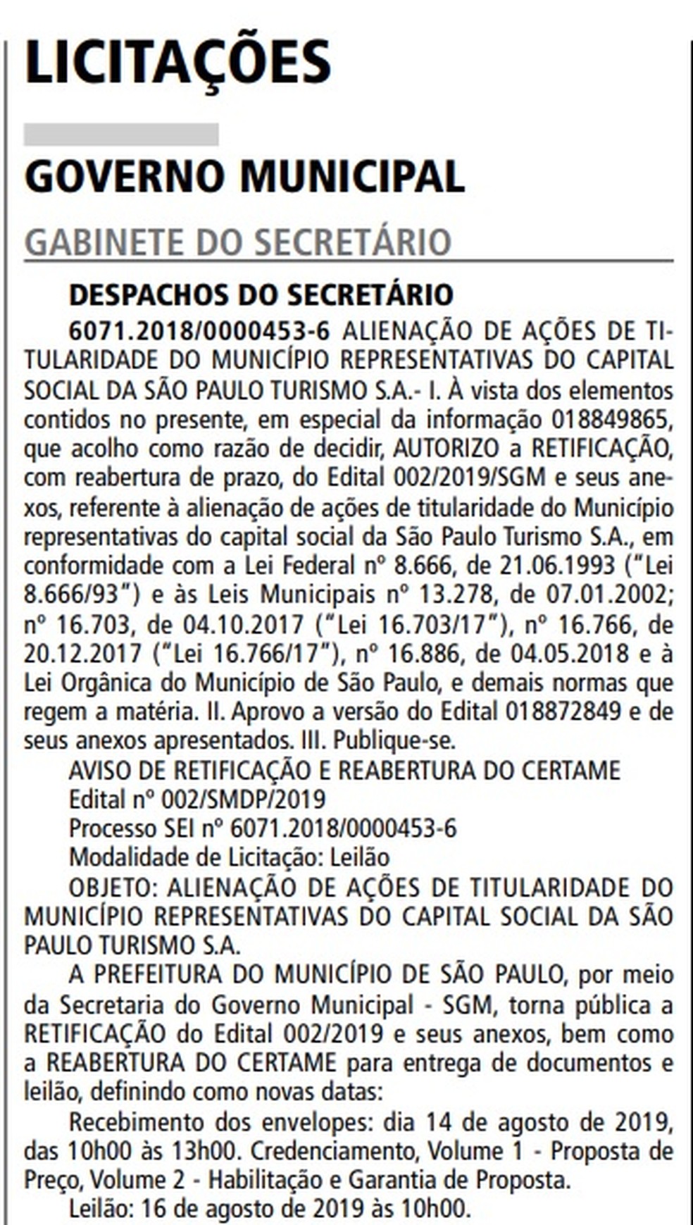 LicitaÃ§Ã£o para venda dos ativos da SPTuris, detentora do Complexo do Anhembi â Foto: ReproduÃ§Ã£o/DiÃ¡rio Oficial