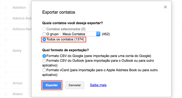 Escolhendo as opções de exportação dos contatos (Foto: Reprodução/Edivaldo Brito)