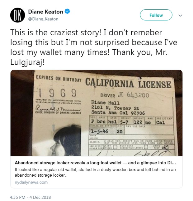 O tweet de Diane Keaton sobre sua carteira perdida (Foto: Reprodução Twitter)