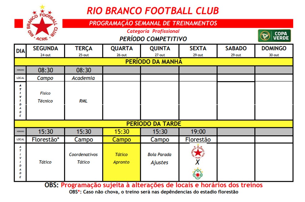 Programação de Treino do Rio Branco-AC Copa Verde 2022 — Foto: Divulgação/RBFC